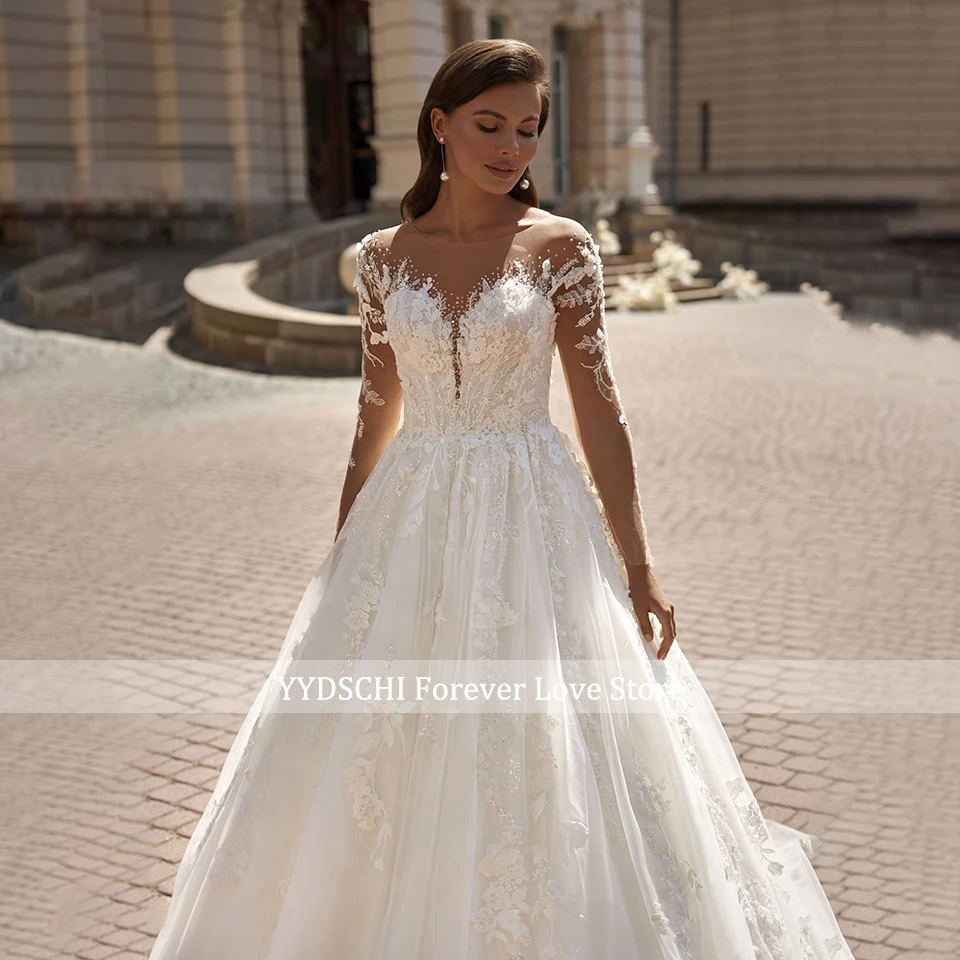 Elegante weiße/elfenbeinfarbene A-Linien-Brautkleider mit langen Ärmeln 2026, Spitzenapplikationen, O-Ausschnitt, Hofschleppe, Damen-Brautkleid, Vestido De Novia – Detail 5