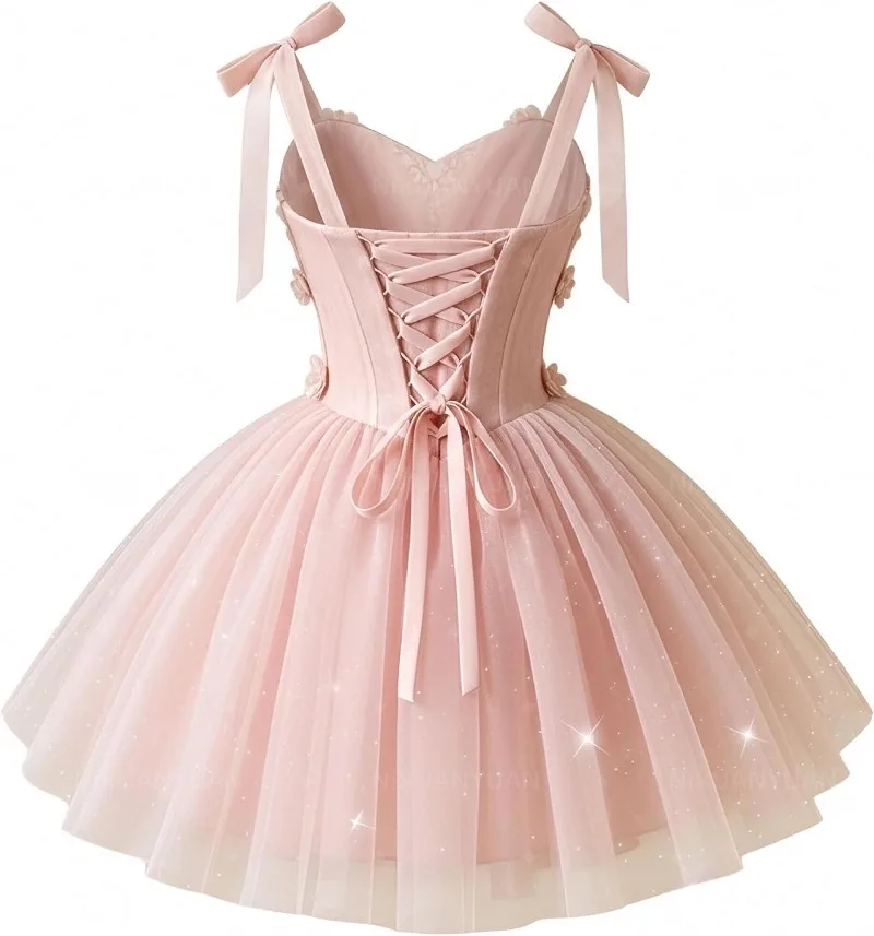 Short Homecoming Dresses Pleated Tulle Off Shoulder Prom Dresses for Quince Glitter Flower Bow Strap Cocktail Dress Customized - 5
