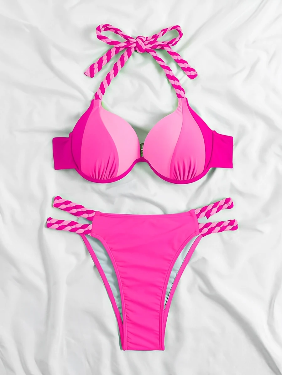 Colorblock Halter Push Up Bikini