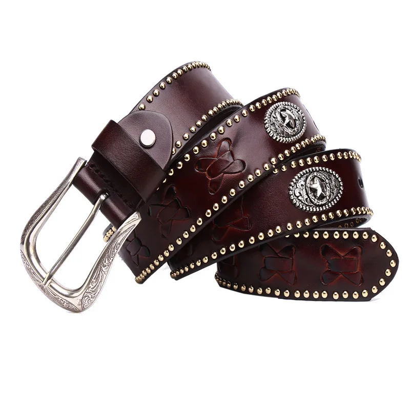 

New denim genuine leather woven men's rivet head layer cowhide belt punk belt for men men’s designer belts