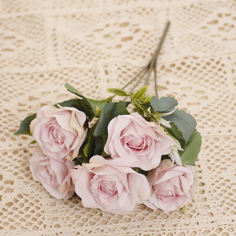 Artificial 6 Head Vintage Silk Rose Winter Wedding Bouquet