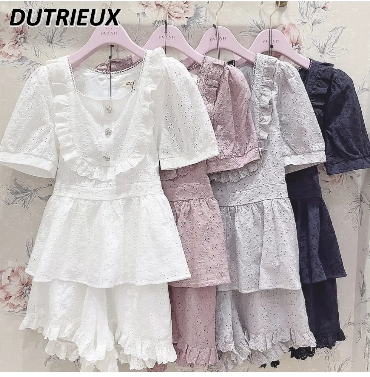 Lady Rojita Suit Fashion Japanese Style Women's 2 Piece Set Embroidered Slimming Lace Short Sleeve Top and Shorts Set Summer