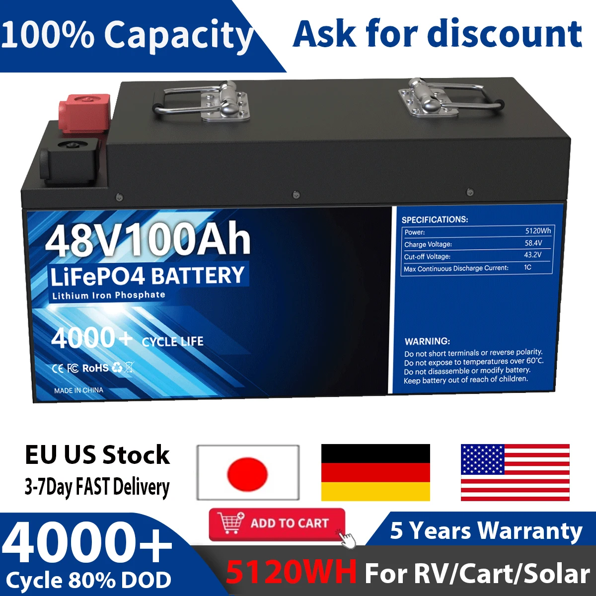 

48V 100AH Lithium Ion Battery LiFePO4 Solar Battery Pack Rechargeable 4000 Cycle Built-in BMS For RV/Cart/Boat EU US UK Free TAX