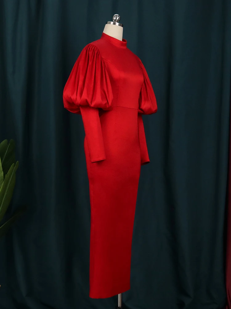 Women's Pleated Satin Maxi Dress - Long Lantern Sleeve Party Dress (Rose, Small) - View #3