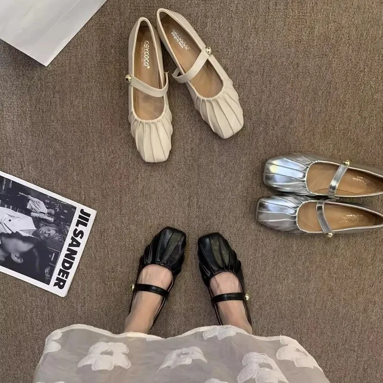 Simple Gentle Style Flat Heel Low Heel Pleated Mary Jane Single Shoes Spring Autumn  Flat Buckle Granny Shoes
