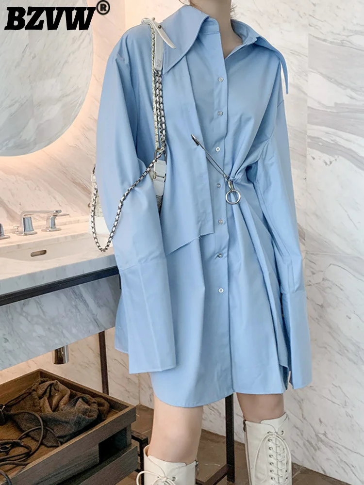 

BZVW Striped Irregular Metal Buckle Shirt Skirt For Women Lapel Long Sleeve Designer Fashion Female Dress 2023 Summer New 25X088