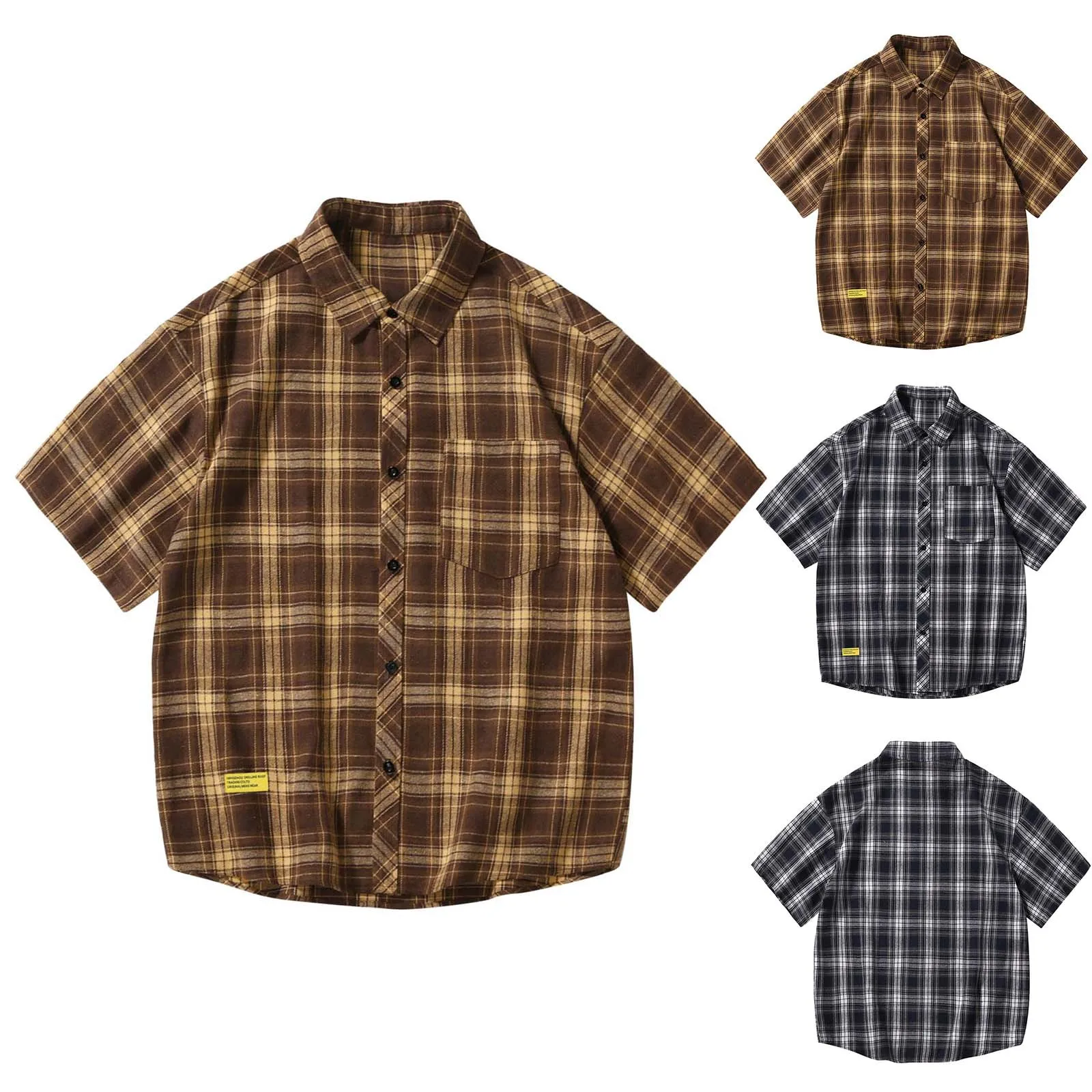 Men'S Short Sleeved Japanese Vintage Plaid Printed Shirt Summer Vacation Beach Check Shirt Button Down Half Sleeved Shirt 5