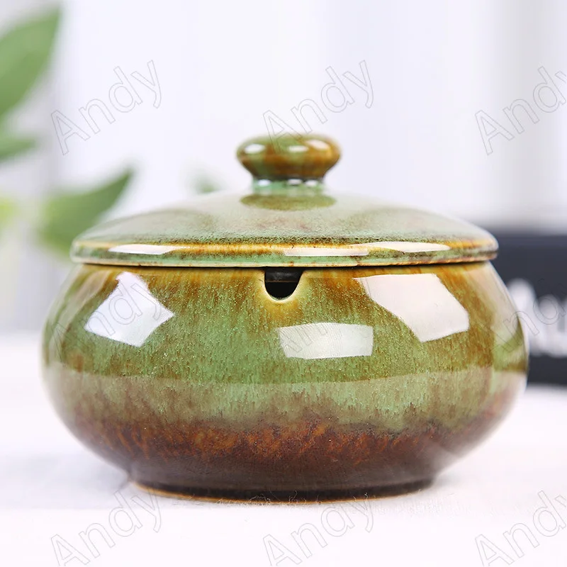 European Ceramic Ashtray with Lid Creative Kiln Change Glaze Decorative Desktop Ashtrays Living Room Retro Ash Tray Ornaments ceramic ashtray cigarettes ashtray