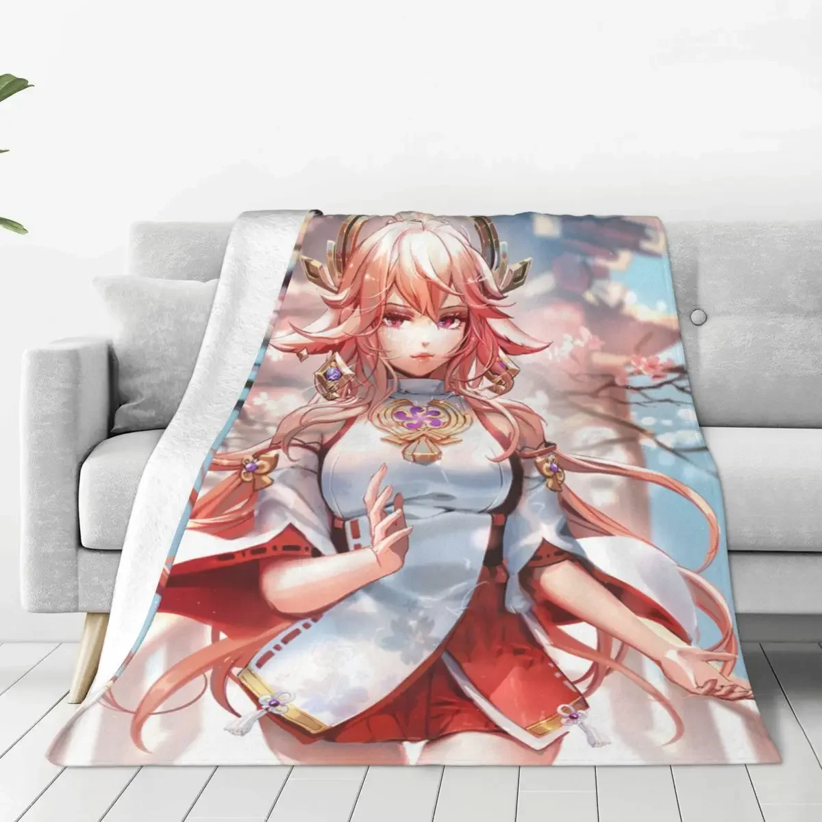 

Yae Miko Blanket Fleece Decoration Genshin Impact Anime Multifunction Lightweight Throw Blanket for Bedding Bedroom Bedspreads