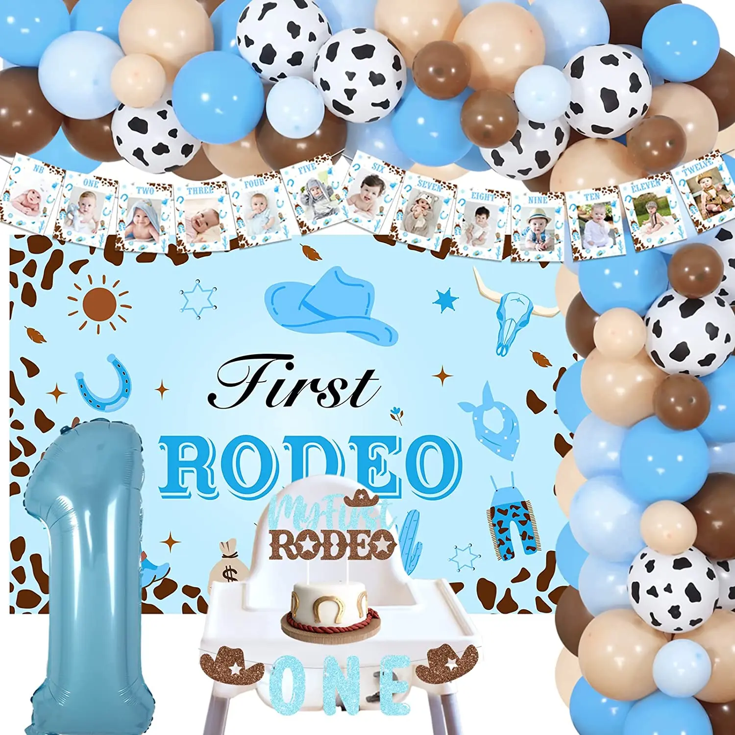 

Cowboy 1st Birthday Party Decorations for Boy, First Rodeo Blue Balloon, Garland Kit with Backdrop, Monthly Photo, High Chair Ba