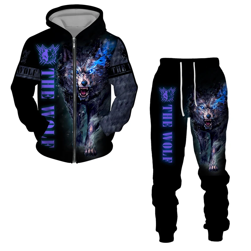 Zipper Men's Hoodie Pants Sets Wolf 3D Print Golf Y2k Tracksuit Casual Oversized Fashion Sweatshirts Clothes For Men Clothing