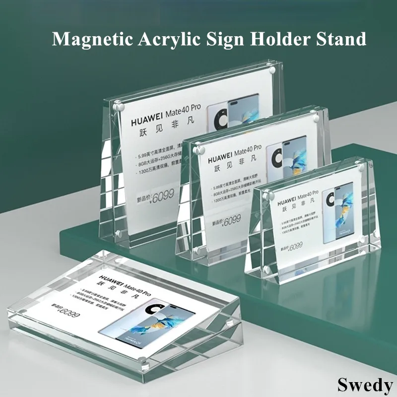 90x55mm Mini Magnetic Acrylic Sign Holder Display Stand Table Number Card Holder Small Price Label Paper Tag 90x55mm desktop unique design slope wooden base acrylic sign holder display stand picture photo frame price label card tags