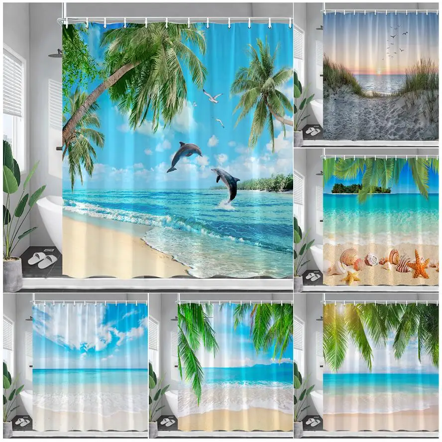 

Ocean Landscape Shower Curtains Beach Coconut Tree Dolphin Sea Waves Summer Nature Scenery Bath Curtain Cloth Bathroom Decor Set