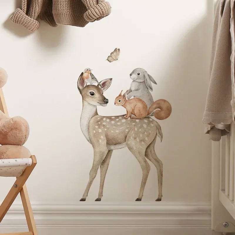 Hand Drawn Cute Deer Rabbit Fox Wall Stickers for Kids Rooms Nursery Living Room Baby Bedroom Wall Decor Animals Child Wallpaper wall stickers luminous wall stickers vinyl decal stickers