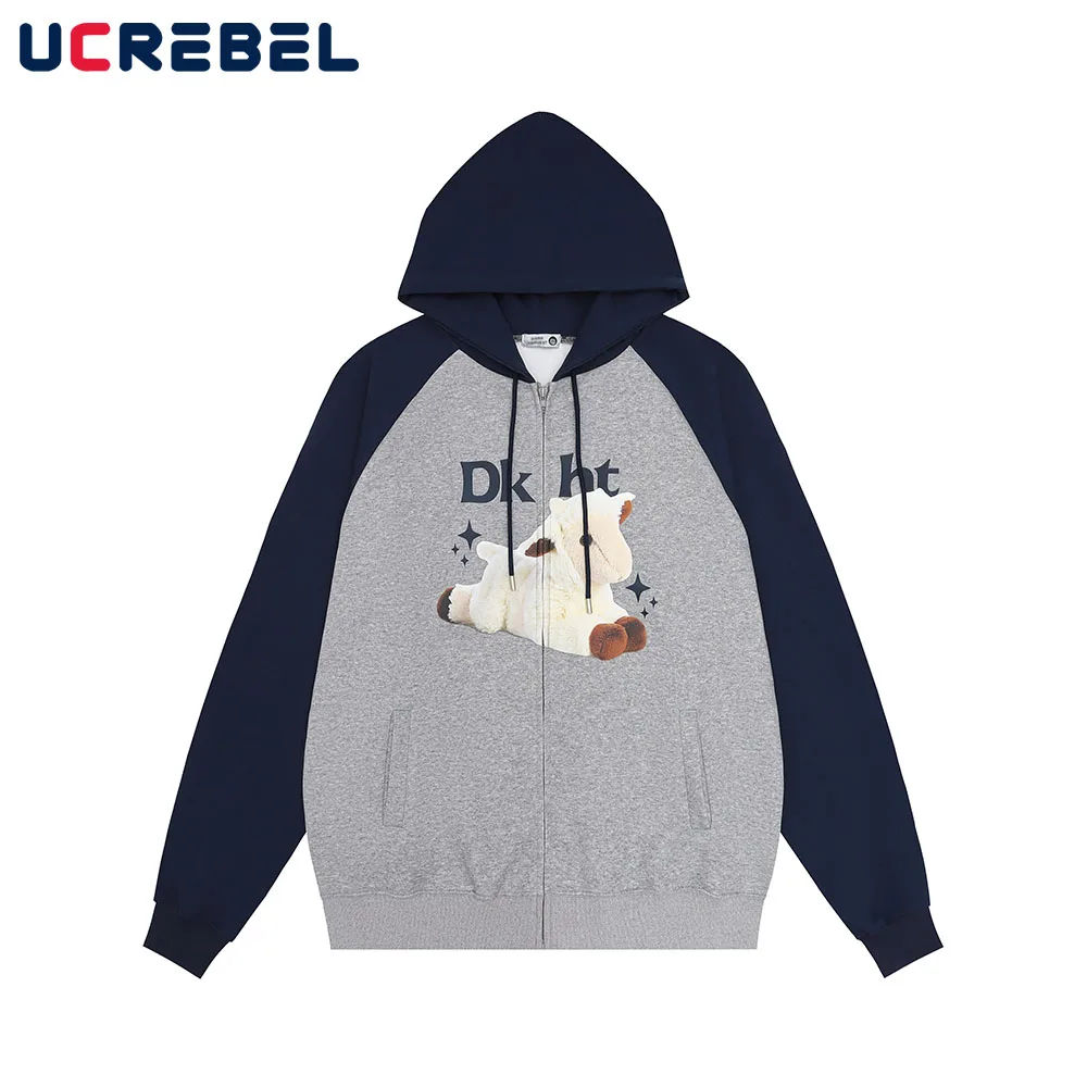 

Contrast Paneled Hooded Sweatshirts Mens Autumn Casual Long Sleeve Cartoon Print Loose Zipper Outerwear Men