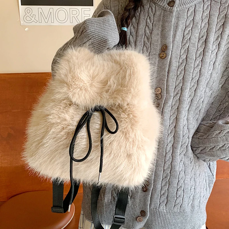 Winter Soft Plush Women's Backpack Solid Color Luxury Fake Fur Shoulder Handbag Fashionable Ladies Schoolbag for Females