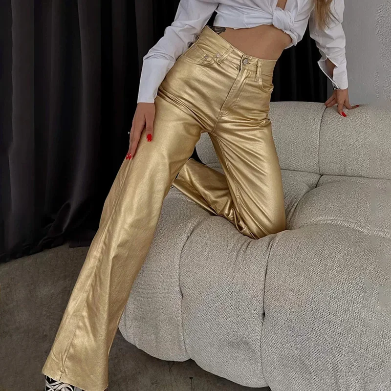 

Женские прямые брюки с завышенной талией, однотонные брюки на молнии с металлическим блеском, элегантная офисная одежда для женщин на осень и зиму, 2023