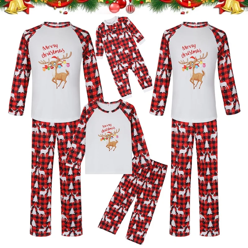 

2023 Cute Christmas Family Matching Pajamas Sets Deer Father Mother Kid Baby Sleepwear Plaid Daddy Mommy and Me Xmas Pjs Clothes
