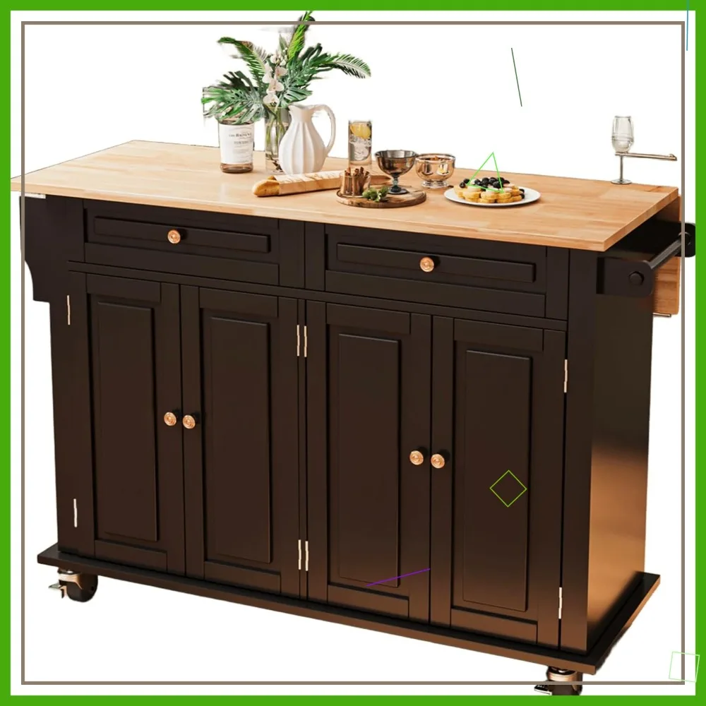 Rolling Kitchen Island with Drop Leaf, Storage Drawer & Cabinet, Spice Rack, Towel Bar, Black, Mobile Cart 1
