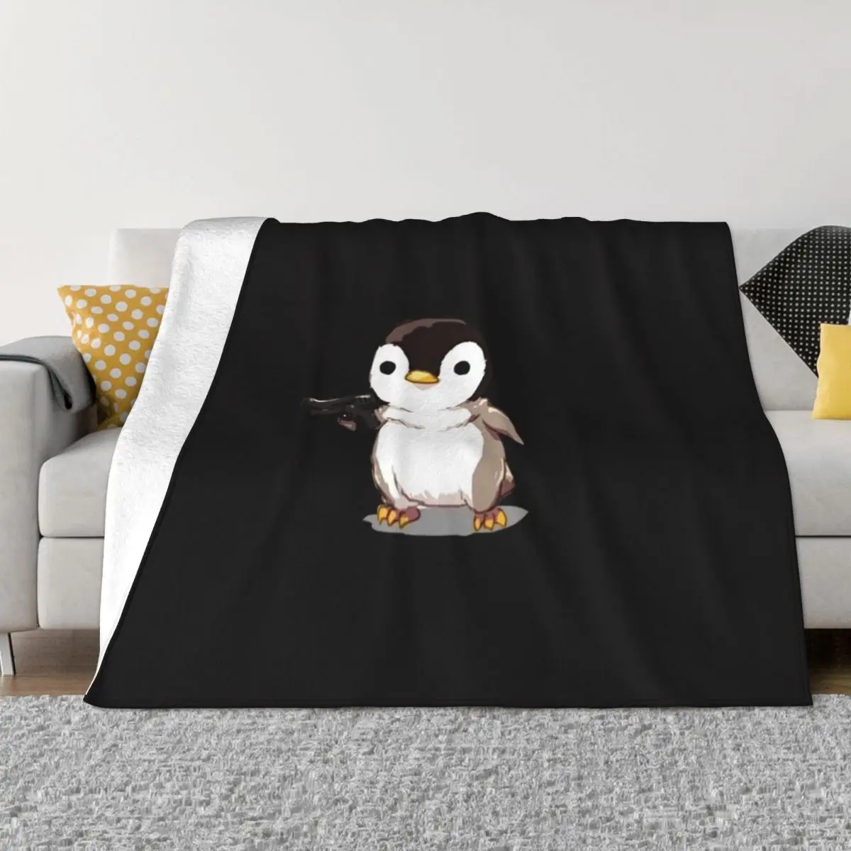 

Cute Penguin with a Gun Throw Blanket Hairy Cute Sofa Throw Blankets