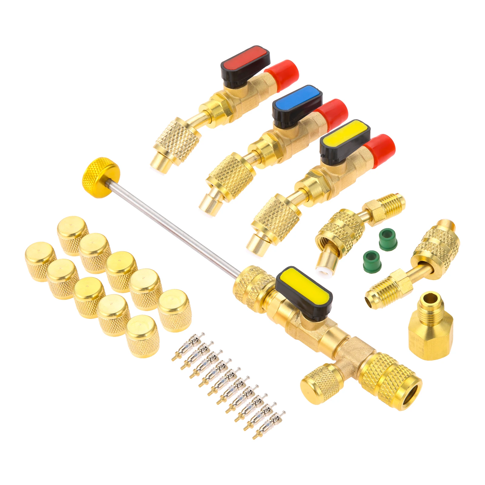 

R410A R22 Valve Core Remover Installer Tool Kit,Angled Shut-Off Ball Valve Adapter 1/4"SAE for Car A/C Refrigerant Charging Hose