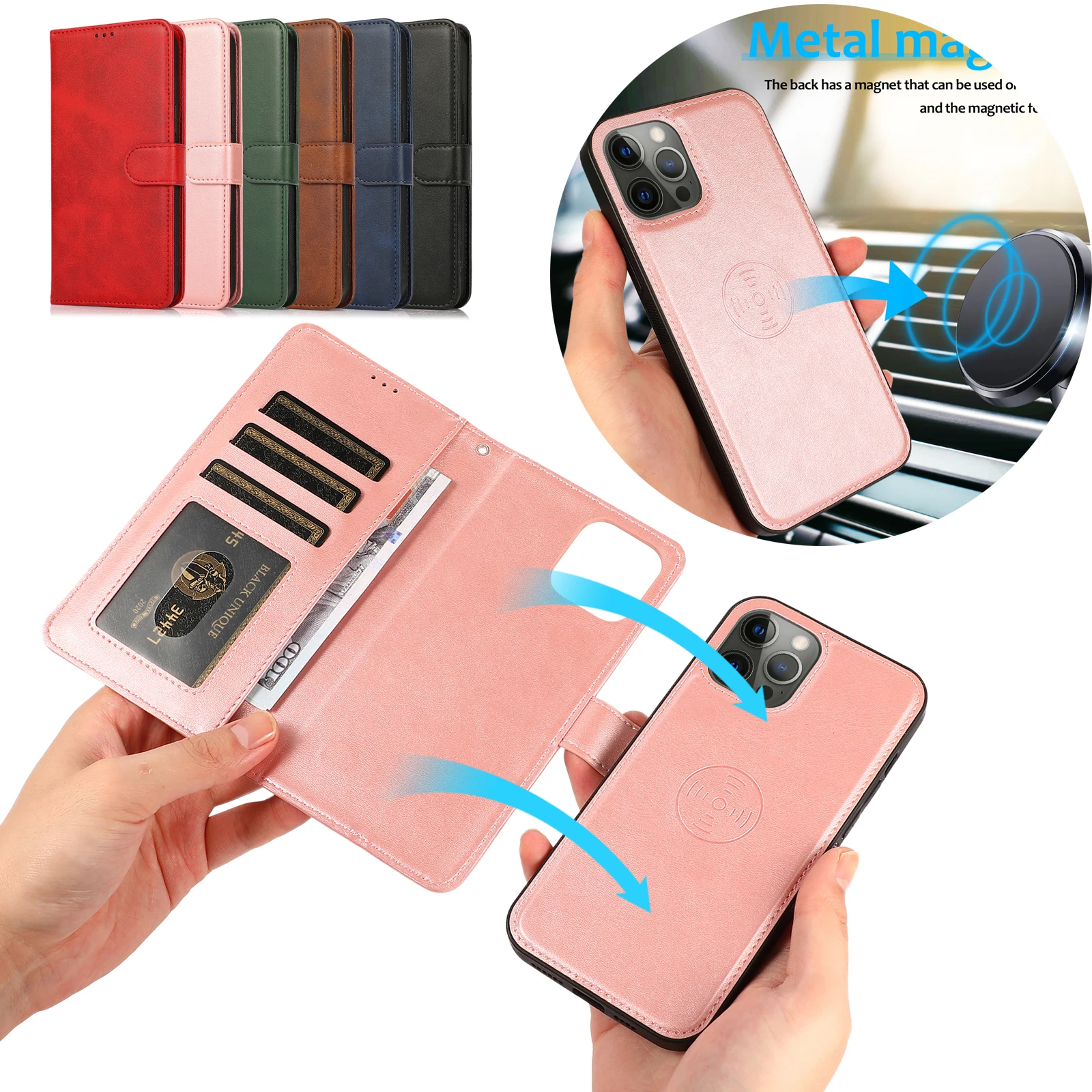 2 in 1 magnetic flip leather wallet case for iphone 14 15 pro max 13 12 jpg