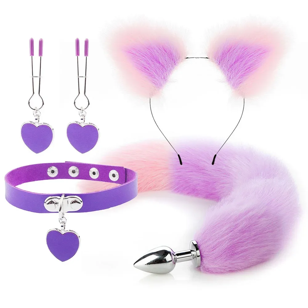 Anal Sex Toys Fox Tail Butt Plug Sexy Plush Cat Ear Headband With Bells Necklace Set For Women Couples Cosplay