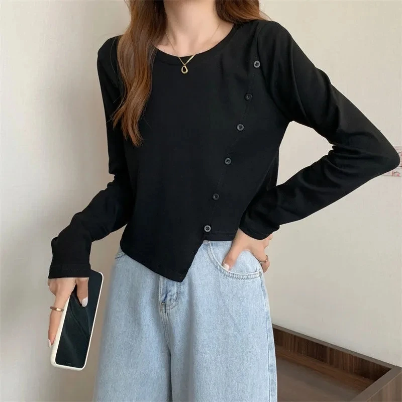 

Yasuk Summer Casual T-Shirt Women Loose Simple Knitted Soft Thin Gentle Long Sleeve Simple Irregular Button