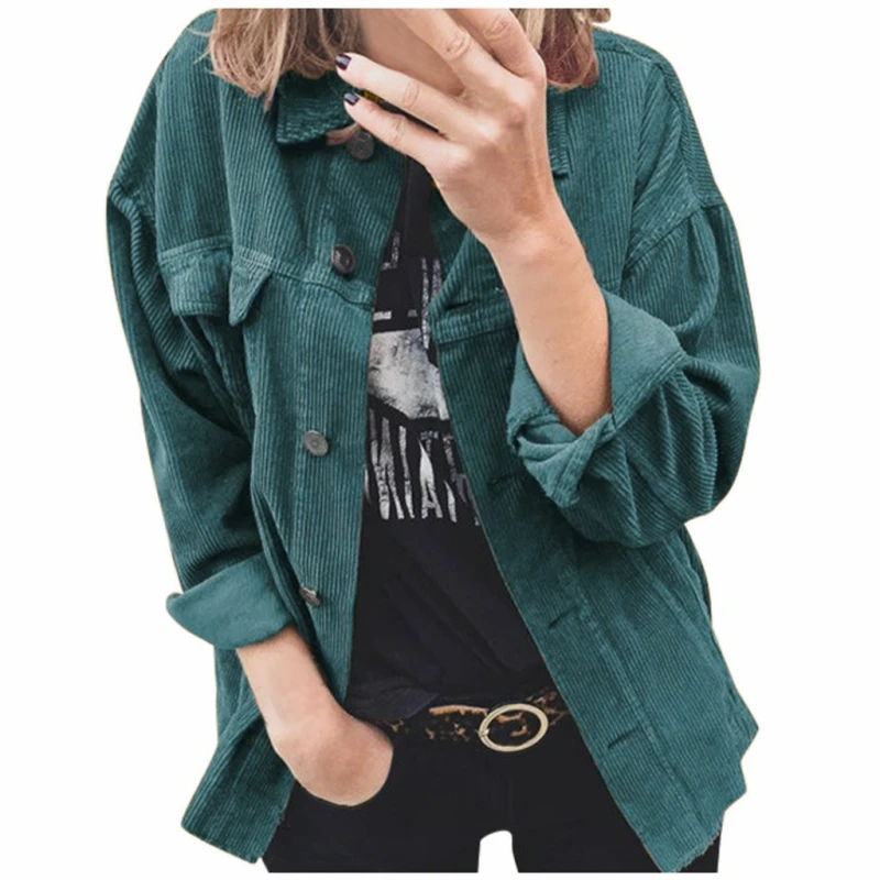 Autumn Corduroy Buttoned Cardigan Long Sleeve Lapel Loose Thickened Shirt for Women