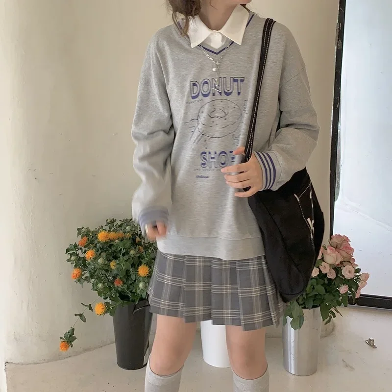Women V-Neck Looe Casual Sweatshirts Spring Autumn All-Match Streetwear Long Sleeve Tops Preppy Style Fashion Printed Pullovers