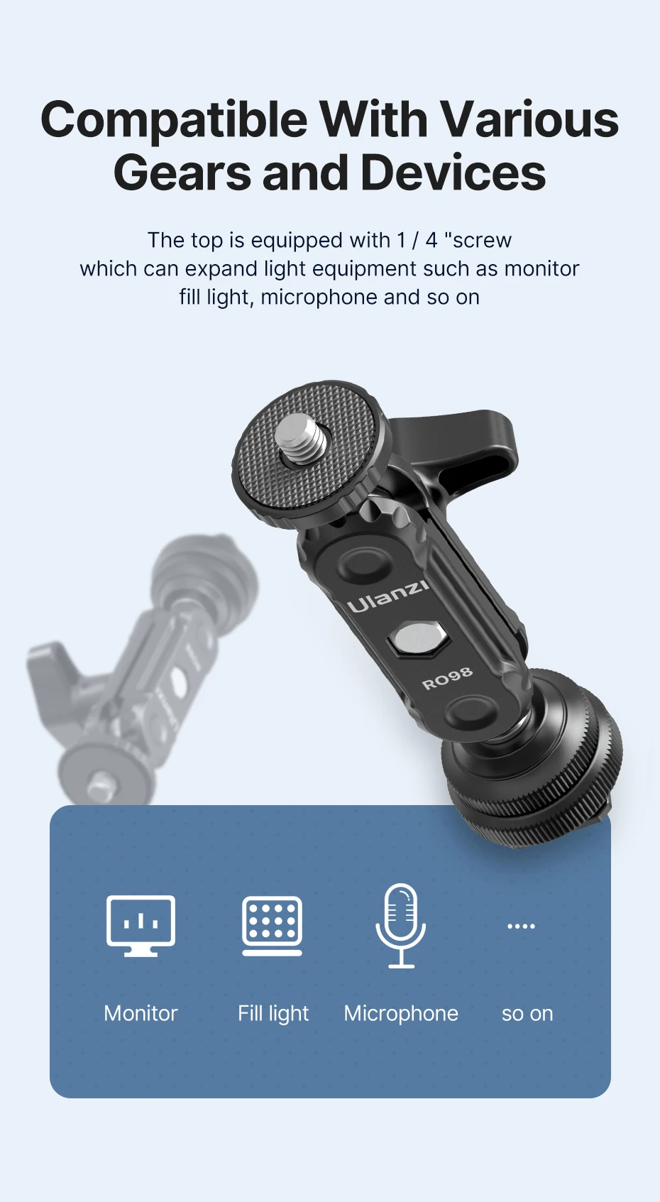 R098 Double Ball Heads Magic Arm with Cold Shoe Mount 1/4'' Screw for DSLR Came