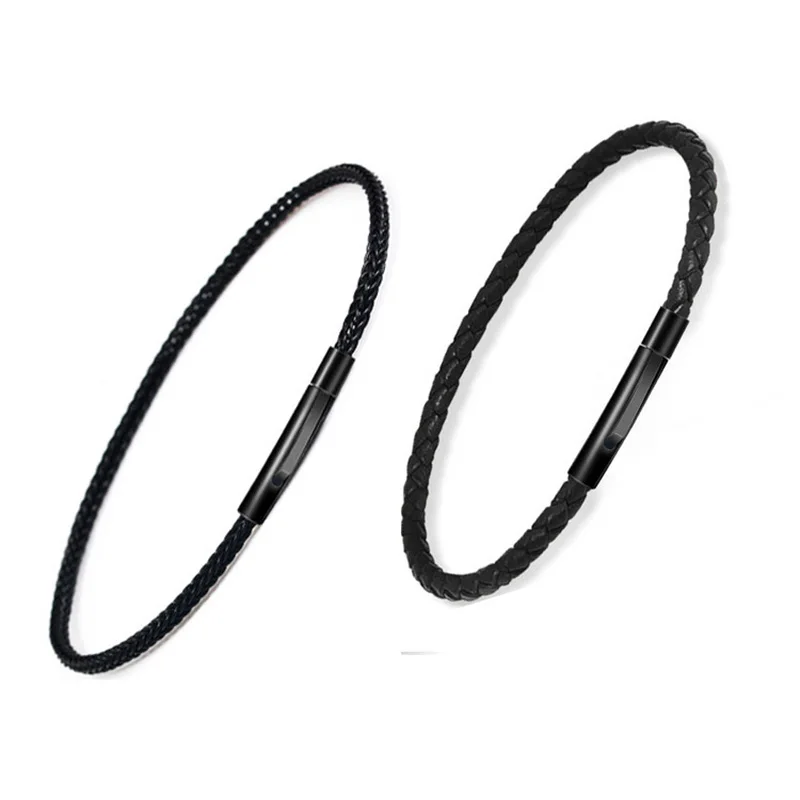 2mm 3mm Black Wrap Leather Braided Bracelet Steel Wire Bracelet Men Bangles Chain Link Male Charm Bracelet 16cm 18cm 20cm - Image 4
