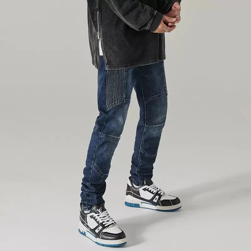 High Street Fashion Men Jeans Retro Blue Spliced Designer Elastic Slim Fit Biker Jeans Men Wrinkle Patched Hip Hop Pants Hombre