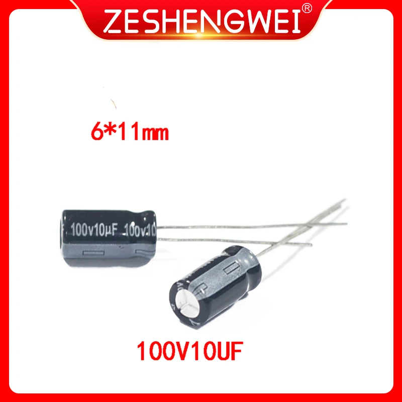 

Алюминиевый электролитический конденсатор 100 в 10 мкФ, 30 шт., 10 МКФ 100 в 6*11 мм, новый электролитический конденсатор, размер: 6x11