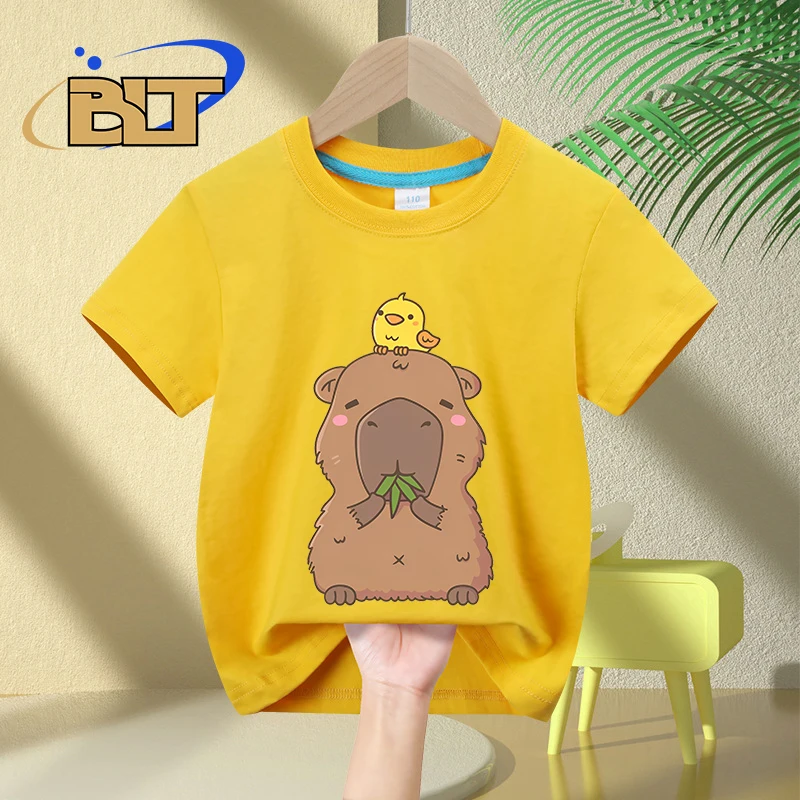 Cute Capybara & Yellow Bird Cartoon Print Kids' Summer T-Shirt