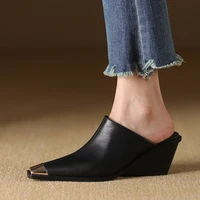 2025 New Ladies Genuine Leather Metal Head Mules Fashion Med Chunky Heels Summer Wedges Slippers Women Casual Office Shoes Woman - Image 3
