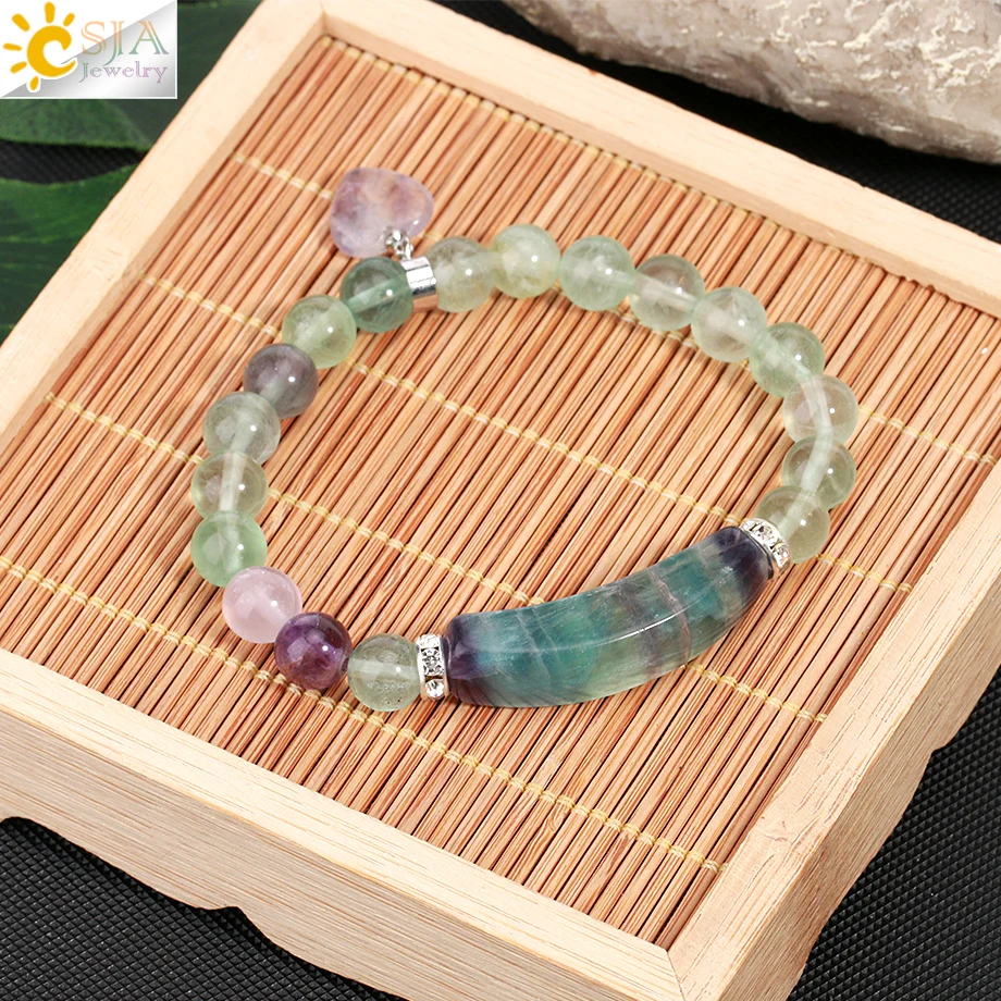 CSJA reiki fluorit broušené sklo náramek přírodní kámen 8mm korále náramek srdce půvab šťastný natahovací mala bangles hojení šperků H176