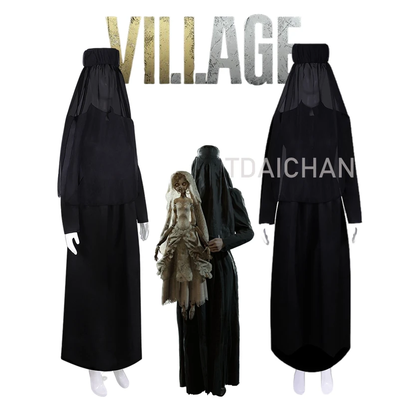 

Evil Village 8 Donna Beneviento Cosplay Costume Dress Women Black Long Dress with Veil Horror Nun Halloween Carnival Party Suits