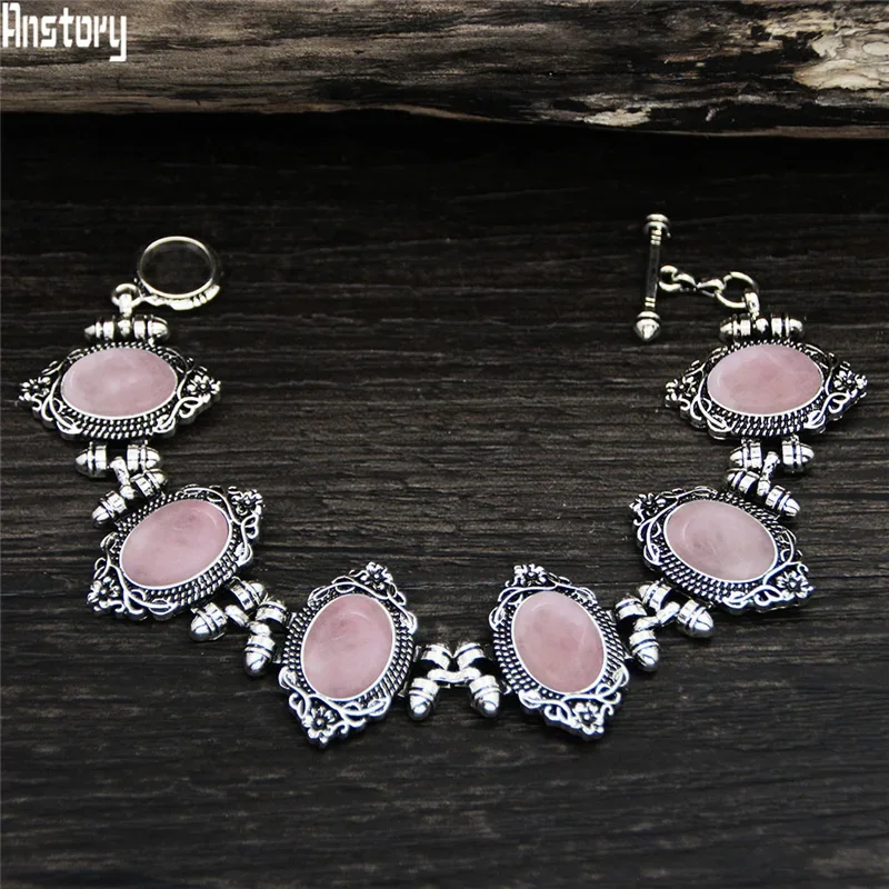 Vintage Oval Plant Flower Quartz Amethysts Bracelet For Women Antique Silver Plated Natural Stone Unakite Jade Fashion Bracelets bracelet jewelry