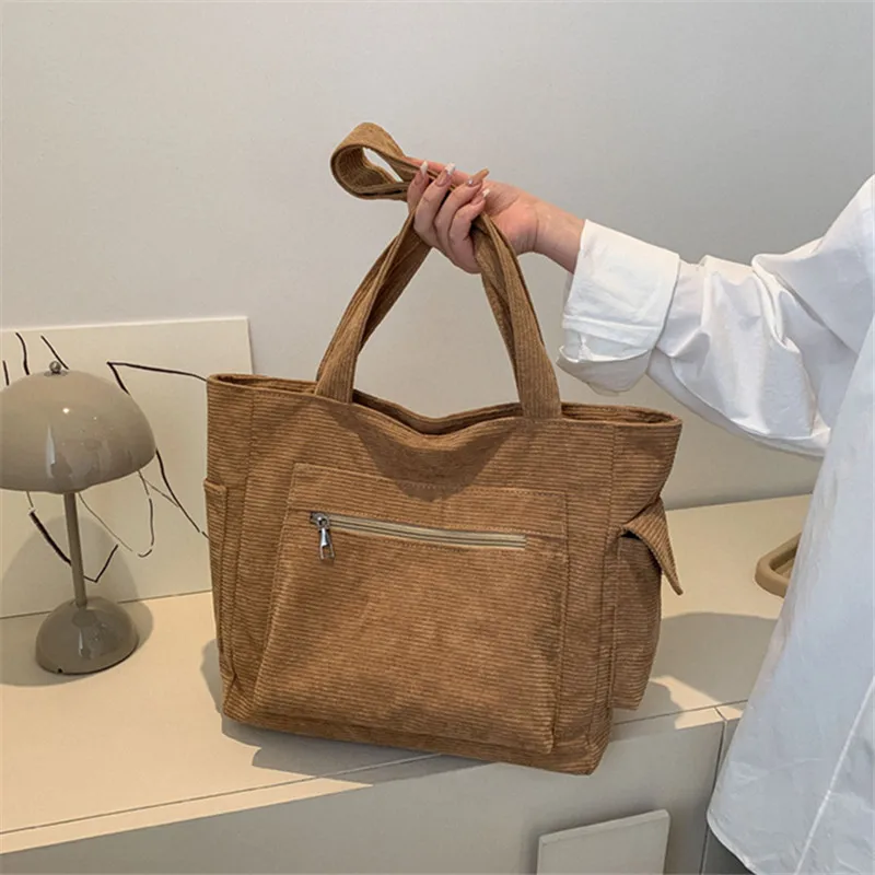 Corduroy Tote Bags for Women Large Capacity Multiple Pocket Handbag Shoulder Bag Minimalist Casual Crossbody Purse for Daily Use