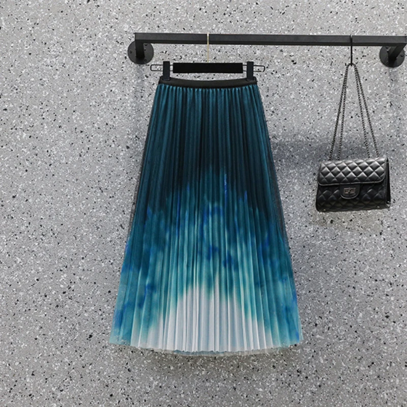 long skirts JMPRS High Waist Women Pleated Skirt Plus Size Tie Dye Gradient Summer Elegant A Line Midi Skirts Korean Fashion Tulle Skirt slazenger skort