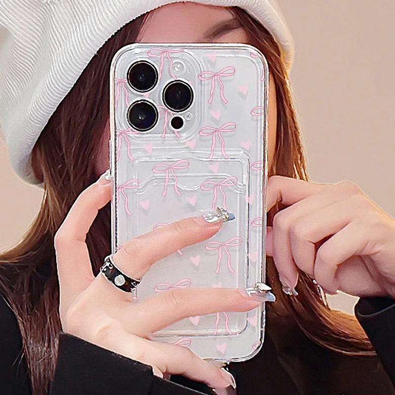 iPhone Case Transparent Card Slot Bag Holder Wallet With Bow Print Cover For iPhone 16 15 14 Pro Max 13 12 11 XS X XR 7 8 Plus SE