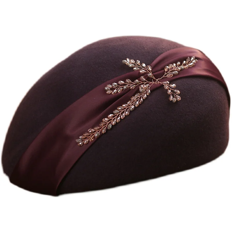 

Autumn and Winter British Vintage Wool Socialite Top Hat Women's Light Luxury Rhinestone Ornament Elegant Woolen Beret