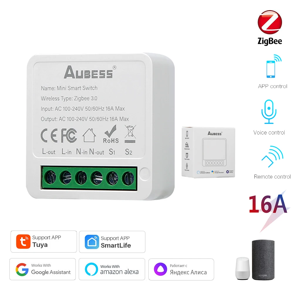 Tuya Zigbee 3.0 Mini DIY 16A Smart Switch 2 Way Smart Home Control Automation Module Via Alexa Google Home Alice Life App