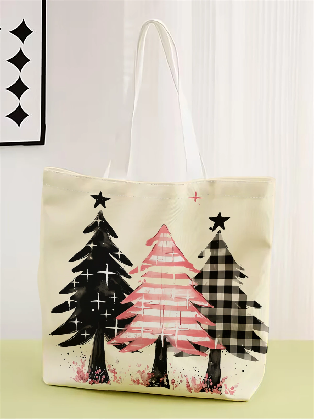 1pc,Christmas pine tree handbag, reusable fashionable handbag, multifunctional handbag, printed canvas shopping bag