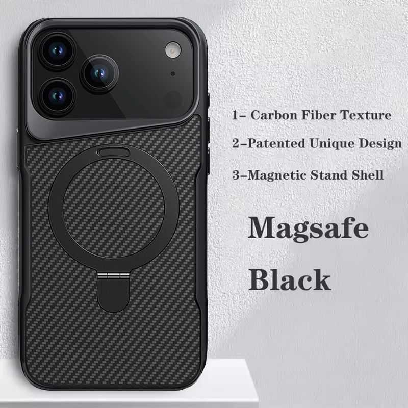 Sleek Carbon Fiber Textured Magnetic Phone Case with Soft Rubber Frame and Metal Stand