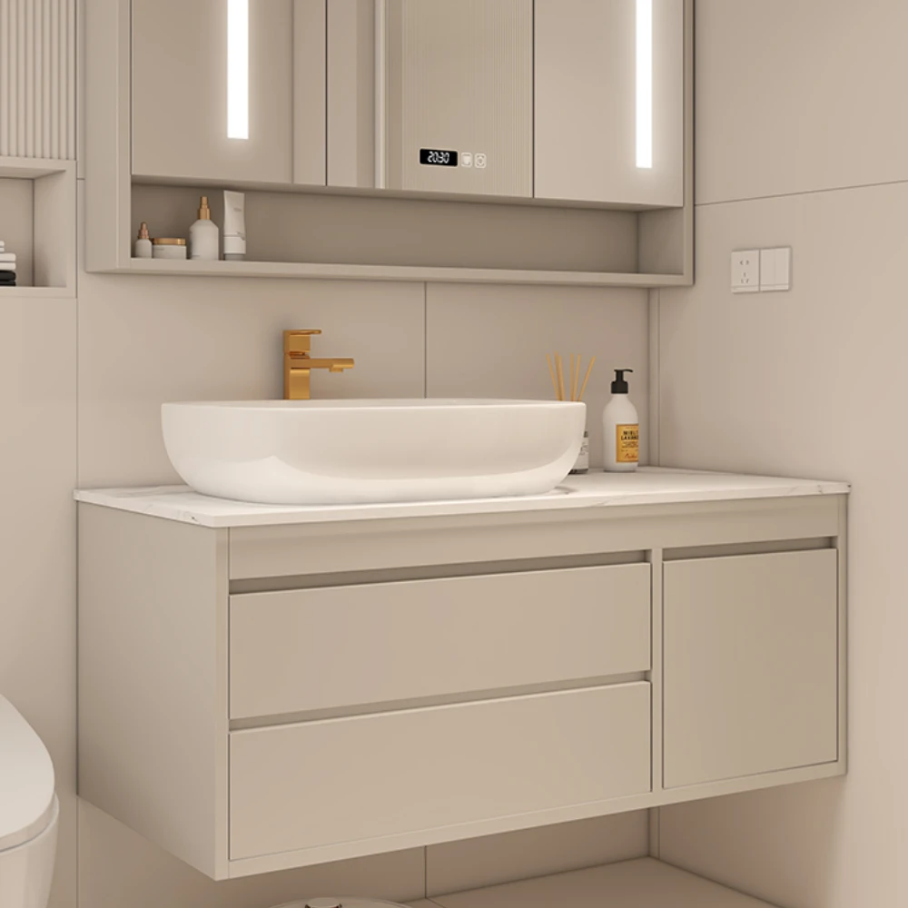 

Ceramic basin bathroom cabinet on slate counter, combined basin intelligent mirror cabinet