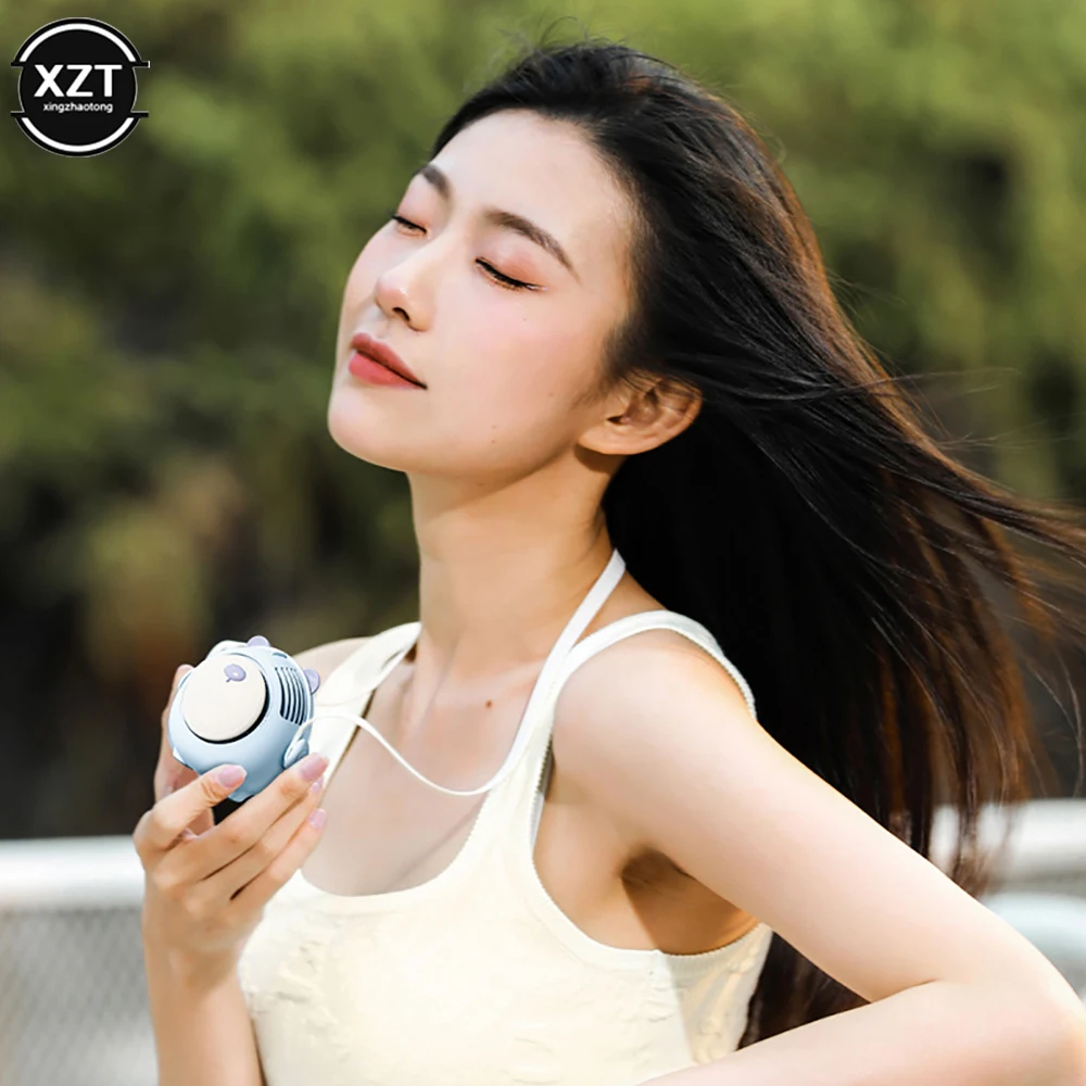 Cartoon Hanging Neck Mini Electric Fan USB Rechargeable Leafless Cooling Fan Outdoors Portable Air Conditioning 600mAh