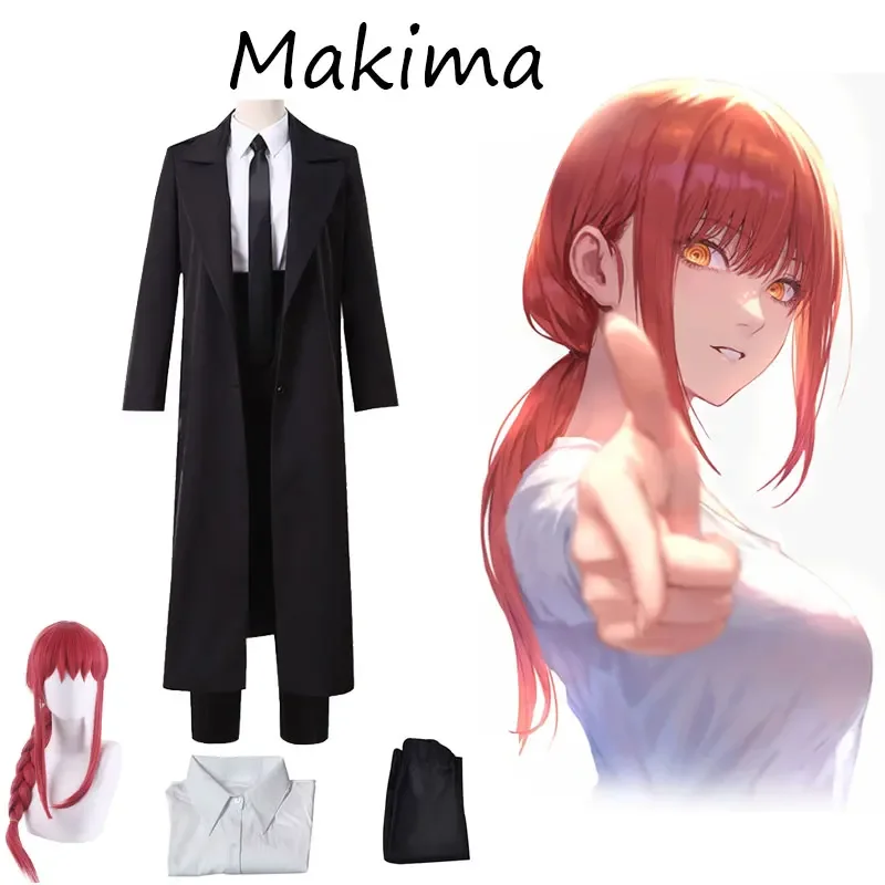 

Makima Cosplays Anime Chainsaw Man Costume Black Trench Shirt Uniform Wig Suit Halloween Clothes for Women Nurse Full Set Gloves