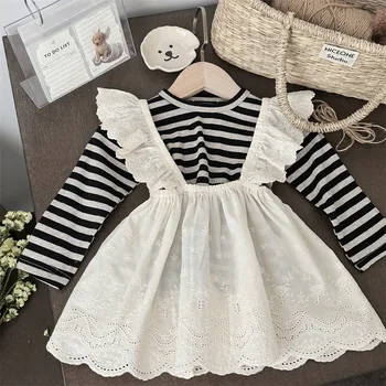 طقم ملابس أطفال ربيعي تي شيرت مخطط بأكمام طويلة + فستان دانتيل سهل الارتداء طقم مكون من قطعتين للفتيات من سن 0 إلى 3 سنوات 6